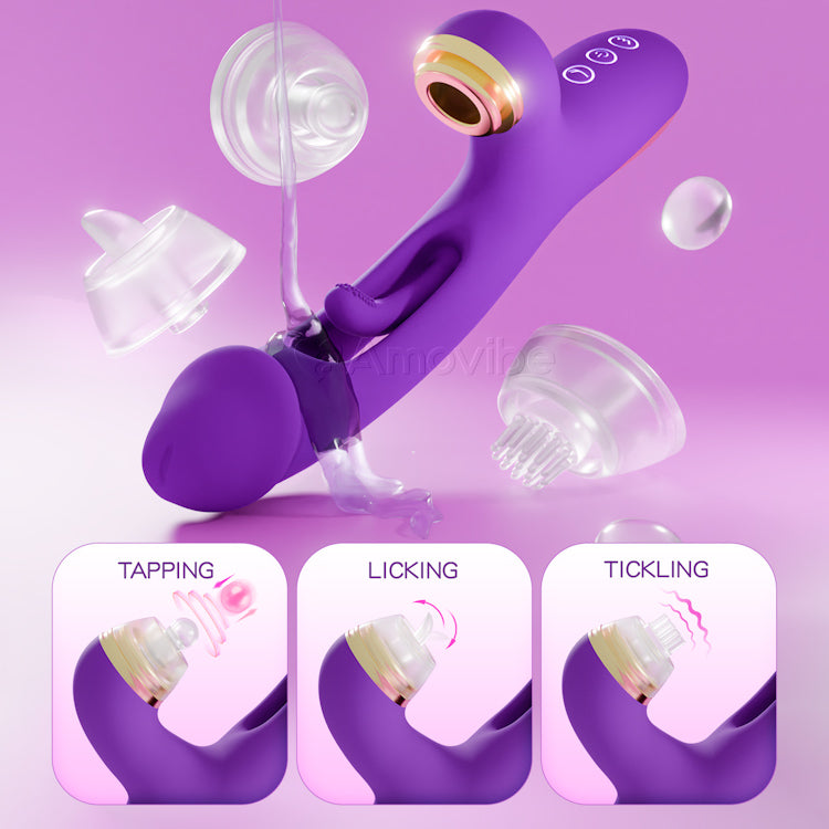 Vibrador inovador com movimento de bater para ponto G com capas de silicone substituíveis para funções de bater, fazer cócegas e lamber